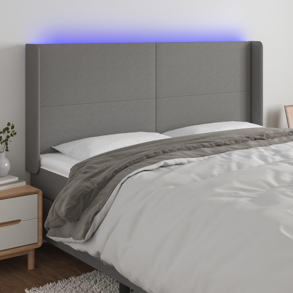 gultas galvgalis ar LED, 183x16x118/128 cm, tumši pelēks audums | Stepinfit.lv