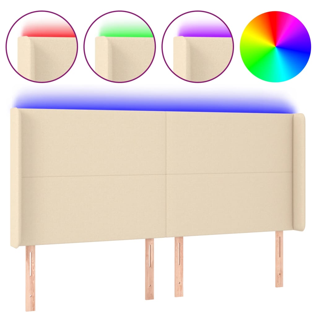 vidaXL Čelo postele s LED krémové 203 x 16 x 118/128 cm textil