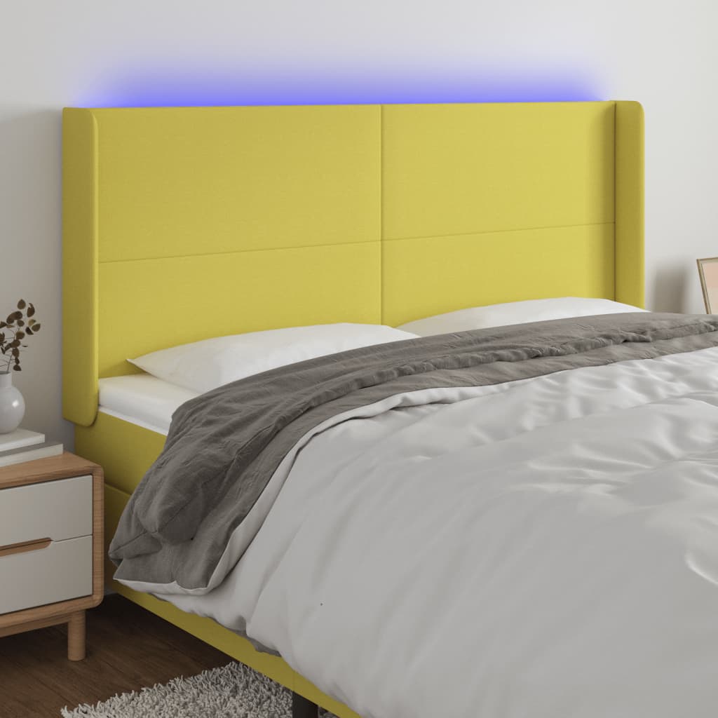 gultas galvgalis ar LED, 203x16x118/128 cm, zaļš audums | Stepinfit.lv