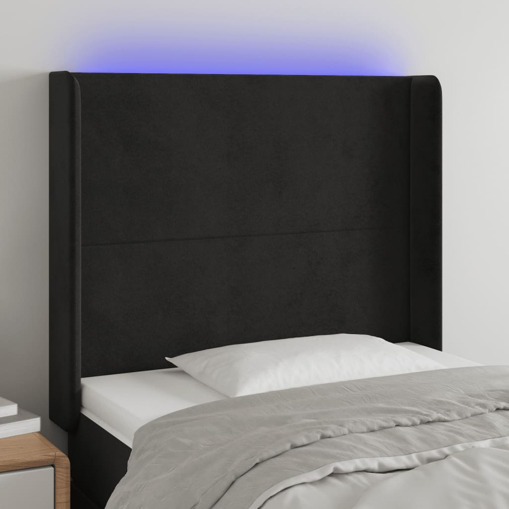 Čelo postele s LED černé 83 x 16 x 118/128 cm samet