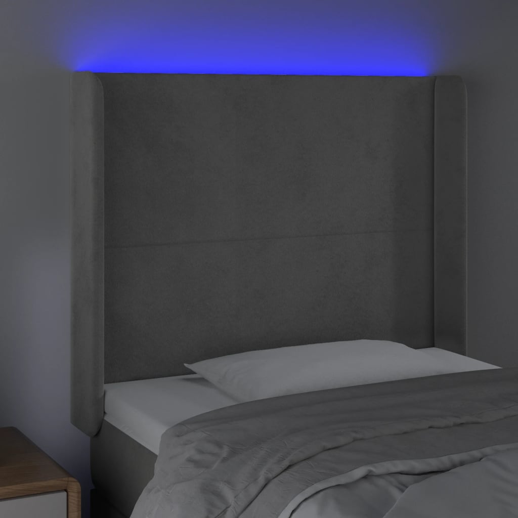 gultas galvgalis ar LED, 93x16x118/128 cm, gaiši pelēks samts | Stepinfit.lv