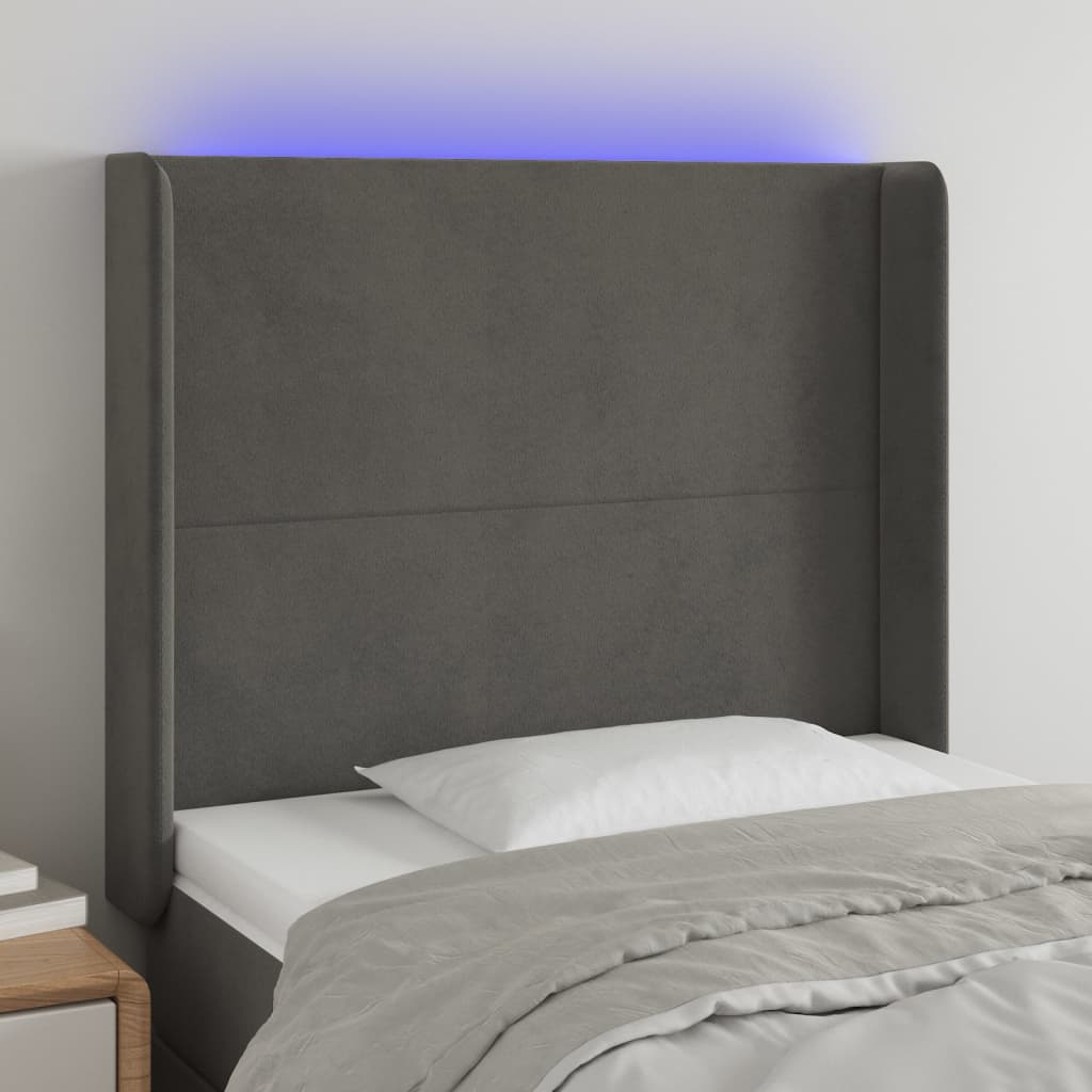 gultas galvgalis ar LED, 93x16x118/128 cm, tumši pelēks samts | Stepinfit.lv