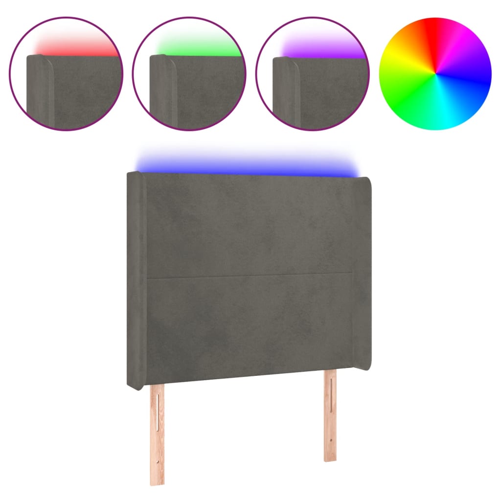 vidaXL Čelo postele s LED tmavě šedé 103 x 16 x 118/128 cm samet