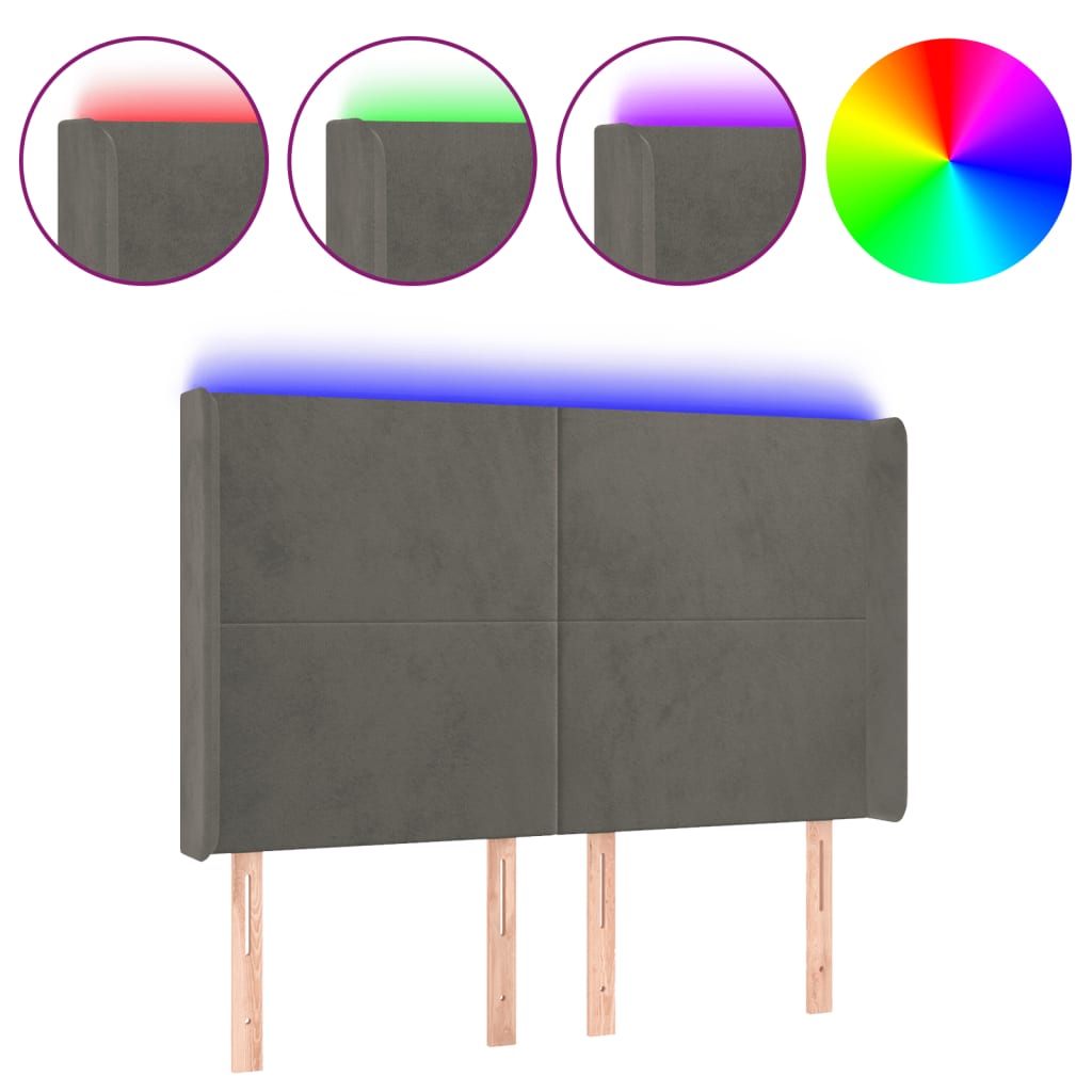 vidaXL Čelo postele s LED tmavě šedé 147 x 16 x 118/128 cm samet