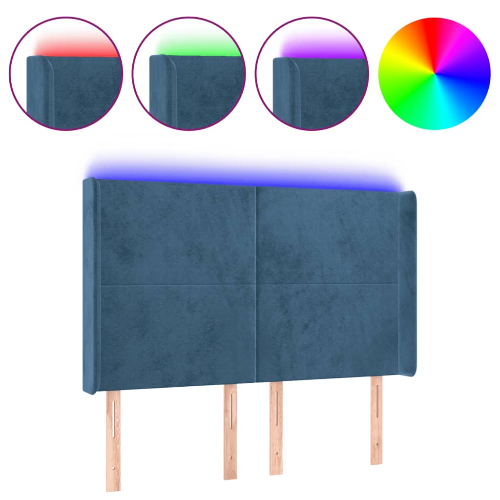 vidaXL Čelo postele s LED tmavě modré 147 x 16 x 118/128 cm samet