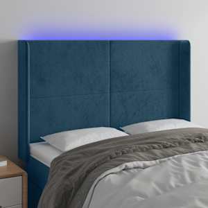 LED posteljno vzglavje temno modro 147x16x118/128 cm žamet