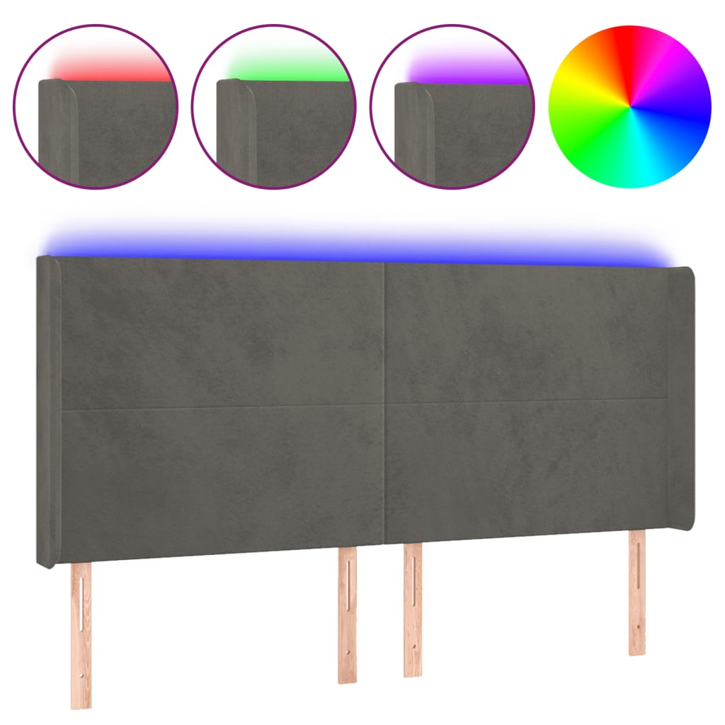 vidaXL Čelo postele s LED tmavě šedé 163 x 16 x 118/128 cm samet