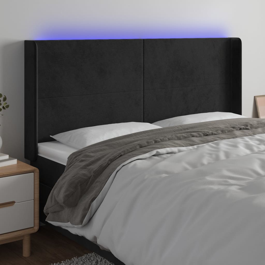 gultas galvgalis ar LED, 163x16x118/128 cm, melns samts | Stepinfit.lv