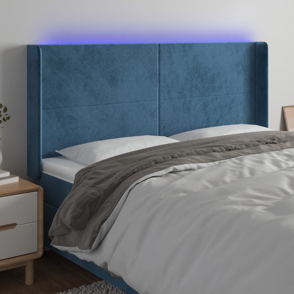 vidaXL Tăblie de pat cu LED, albastru închis, 163x16x118/128cm catifea