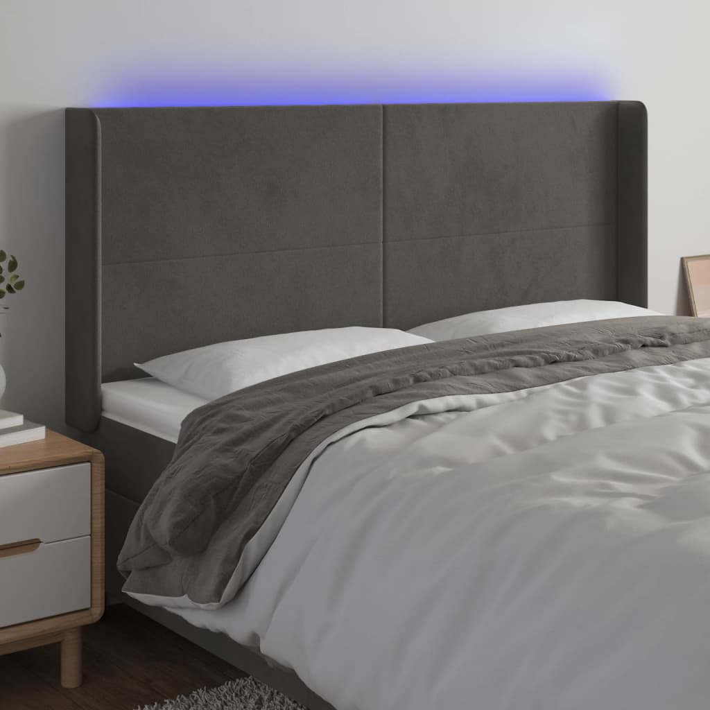 gultas galvgalis ar LED, 183x16x118/128 cm, tumši pelēks samts | Stepinfit.lv