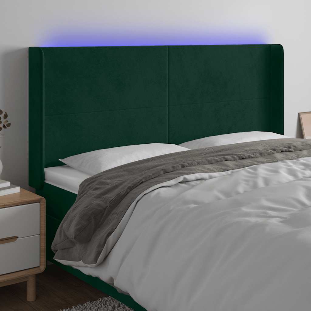 vidaXL Tăblie de pat cu LED, verde închis, 183x16x118/128 cm, catifea