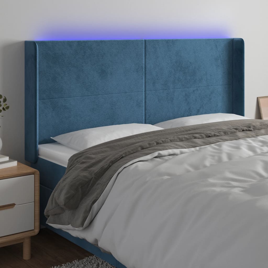 Čelo postele s LED tmavě modré 183 x 16 x 118/128 cm samet