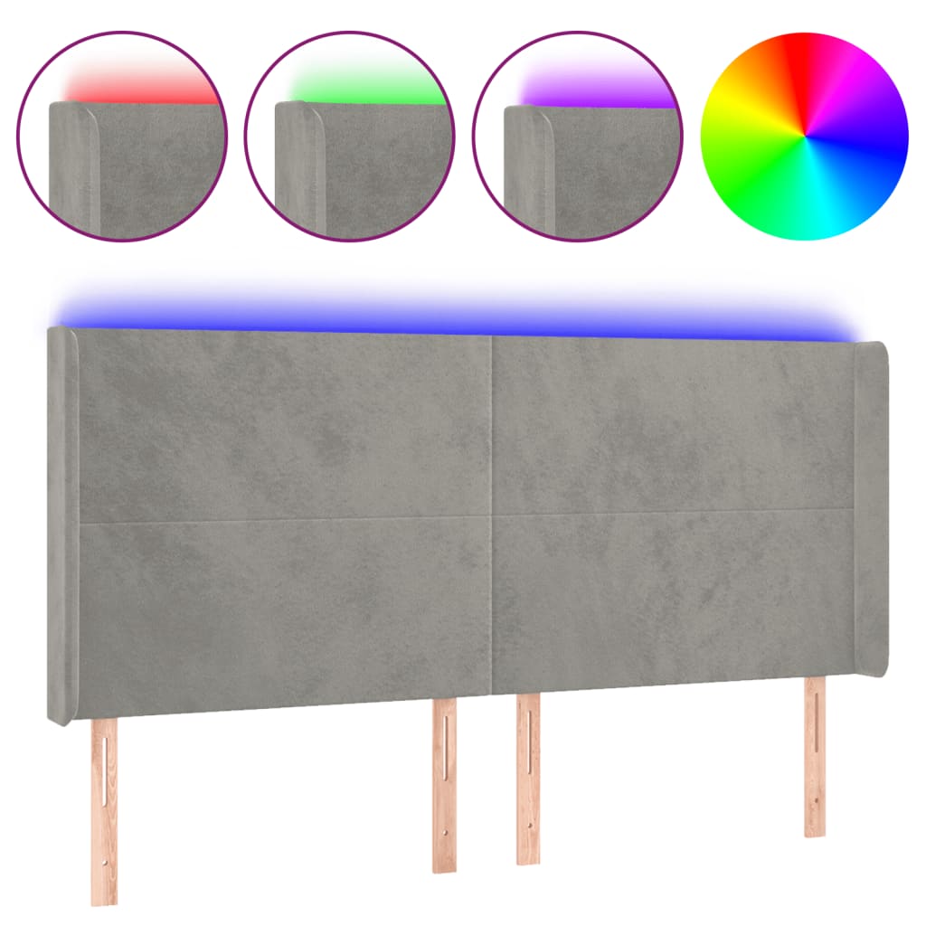 vidaXL Čelo postele s LED světle šedé 203 x 16 x 118/128 cm samet