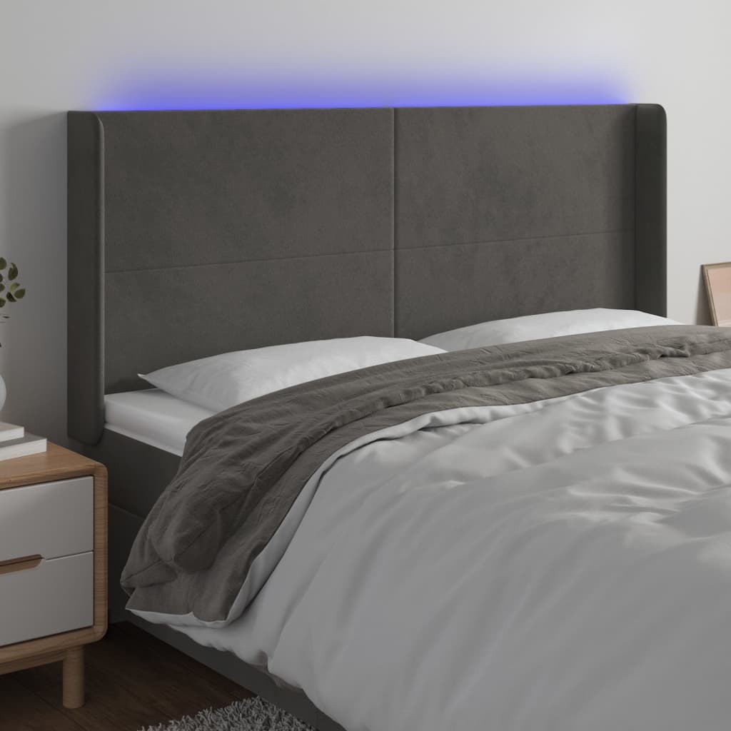 gultas galvgalis ar LED, 203x16x118/128 cm, tumši pelēks samts | Stepinfit.lv