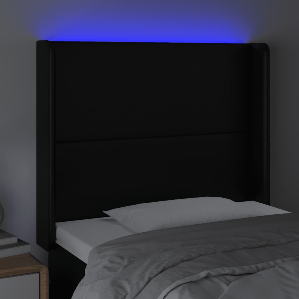 gultas galvgalis ar LED, 83x16x118/128 cm, melna mākslīgā āda | Stepinfit.lv