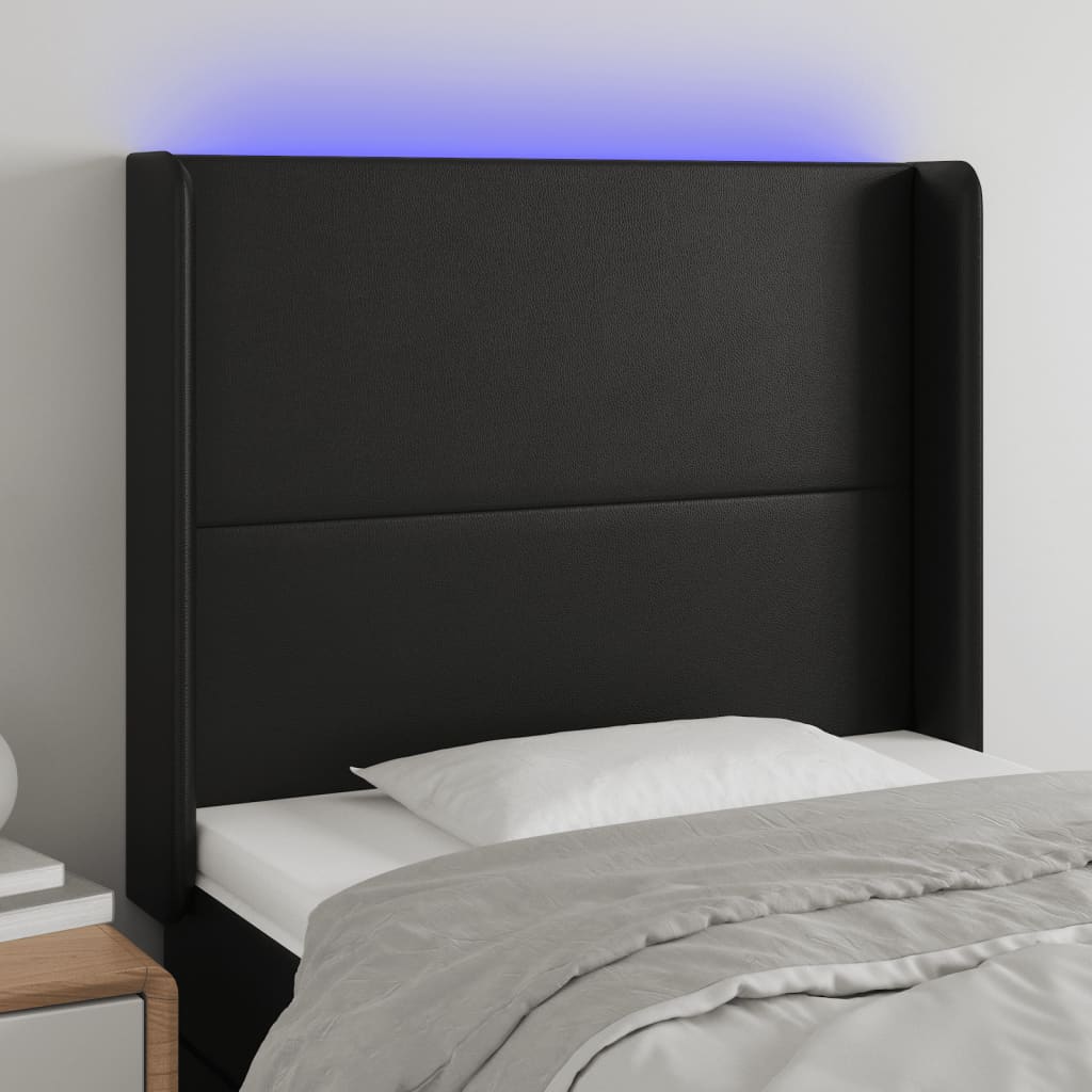 gultas galvgalis ar LED, 103x16x118/128 cm, melna mākslīgā āda | Stepinfit.lv