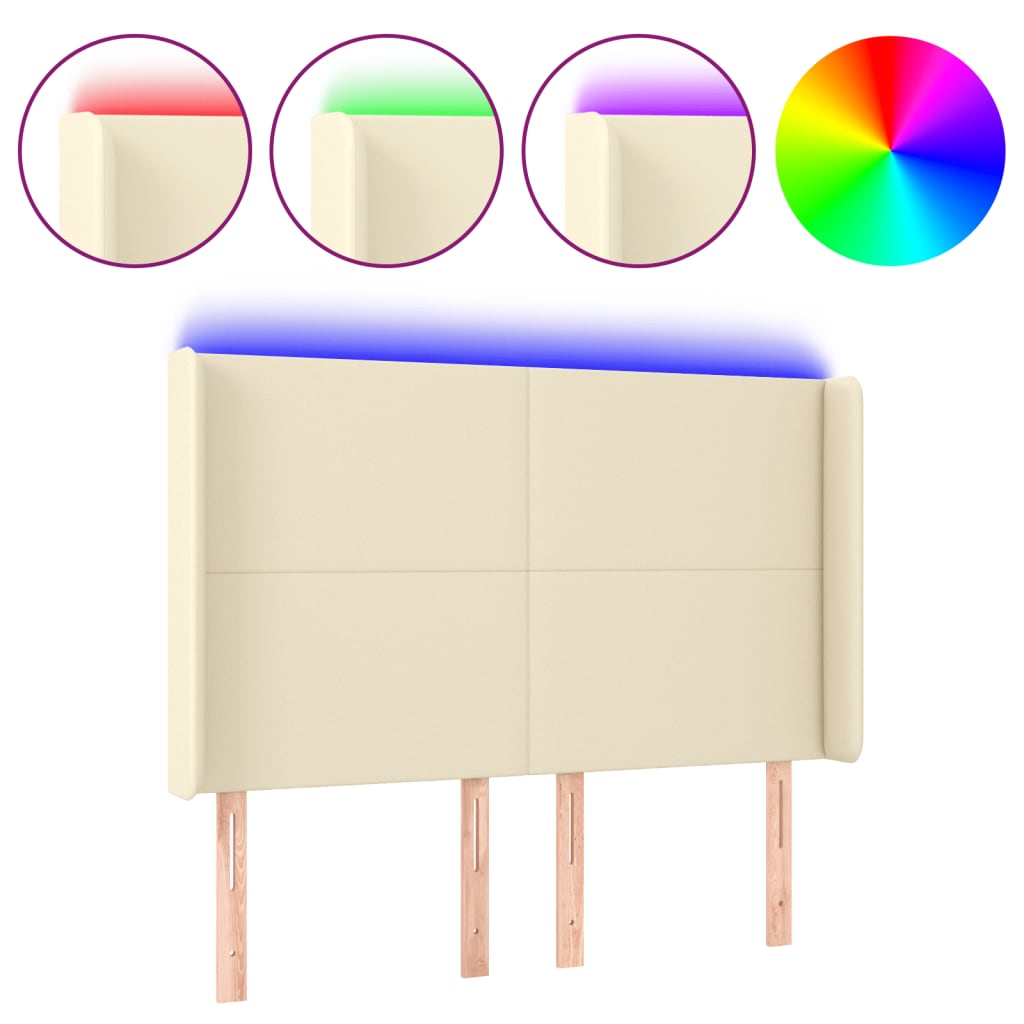 vidaXL Čelo postele s LED krémové 147 x 16 x 118/128 cm umělá kůže