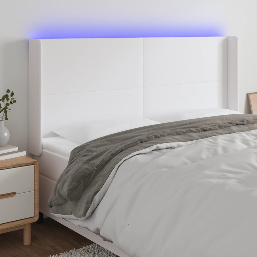 vidaXL Tăblie de pat cu LED, alb, 163x16x118/128 cm, piele ecologică