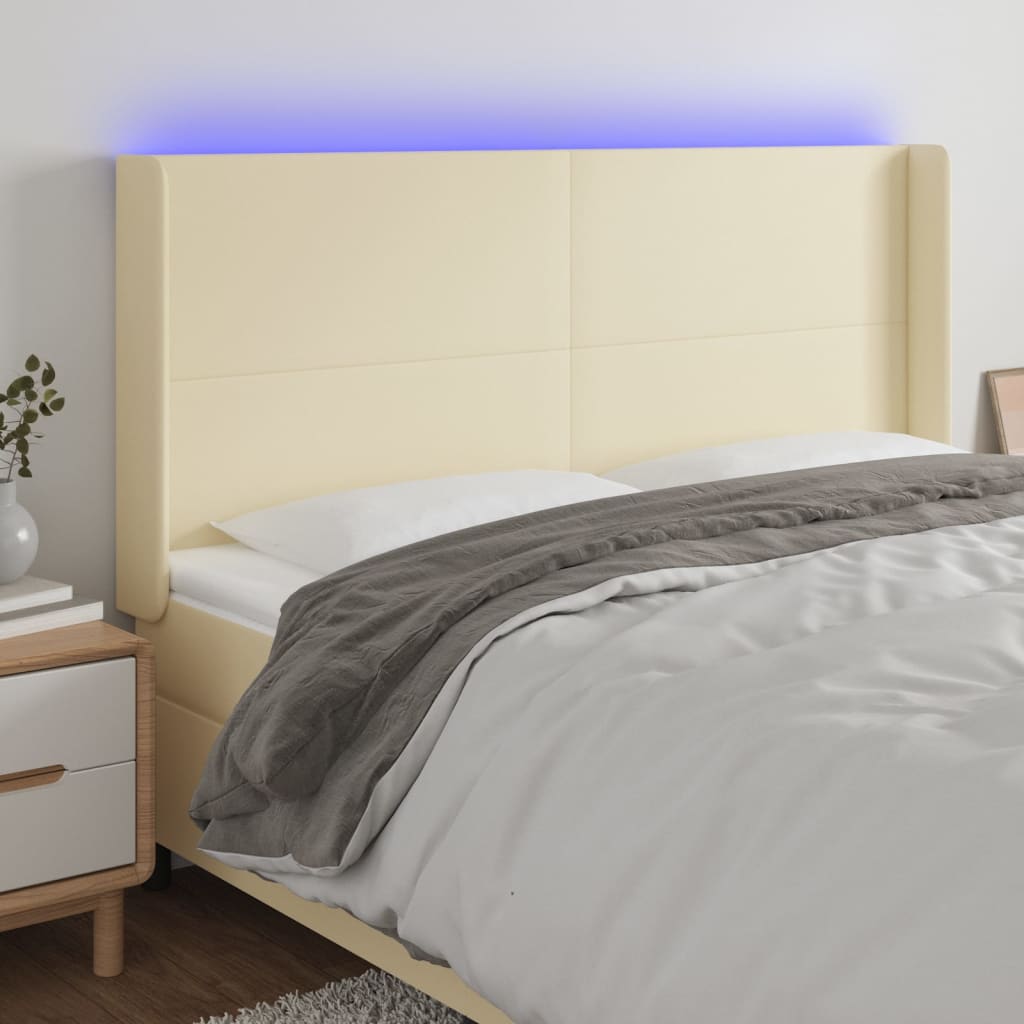 vidaXL Tăblie de pat cu LED, crem, 183x16x118/128 cm, piele ecologică