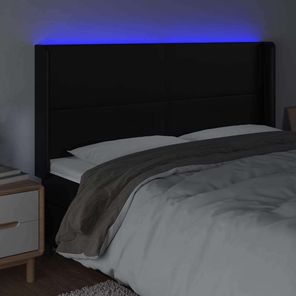 gultas galvgalis ar LED, 203x16x118/128 cm, melna mākslīgā āda | Stepinfit.lv