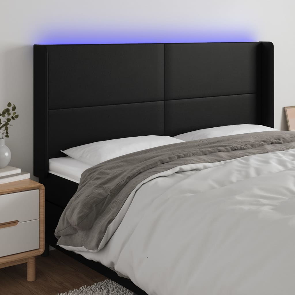 gultas galvgalis ar LED, 203x16x118/128 cm, melna mākslīgā āda | Stepinfit.lv