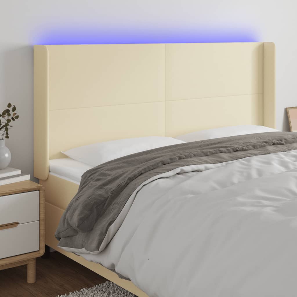vidaXL Tăblie de pat cu LED, crem, 203x16x118/128 cm, piele ecologică