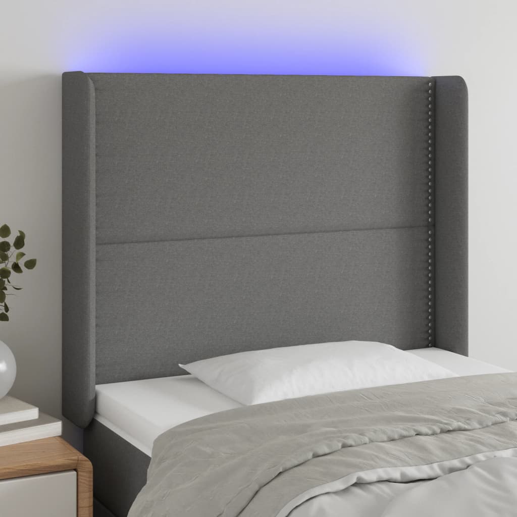 gultas galvgalis ar LED, 93x16x118/128 cm, tumši pelēks audums | Stepinfit.lv