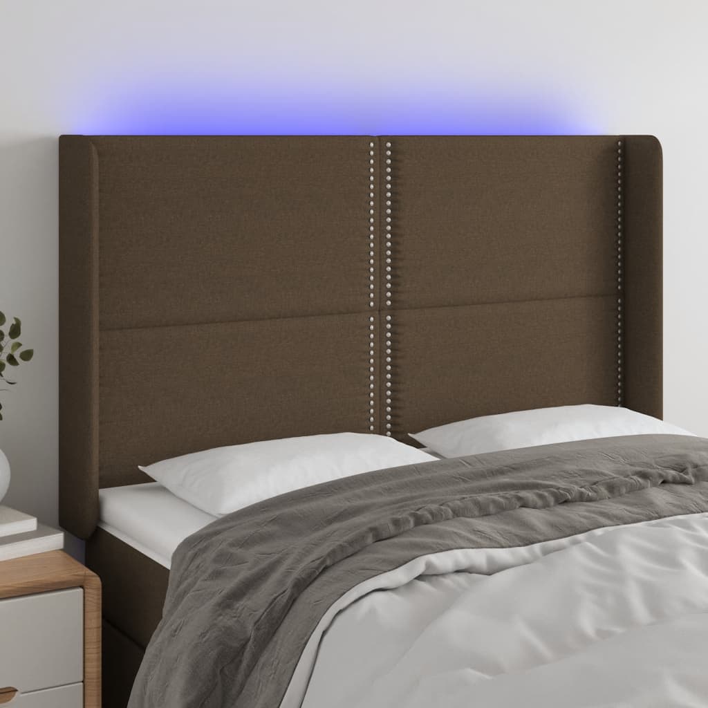 Čelo postele s LED tmavě hnědé 147 x 16 x 118/128 cm textil