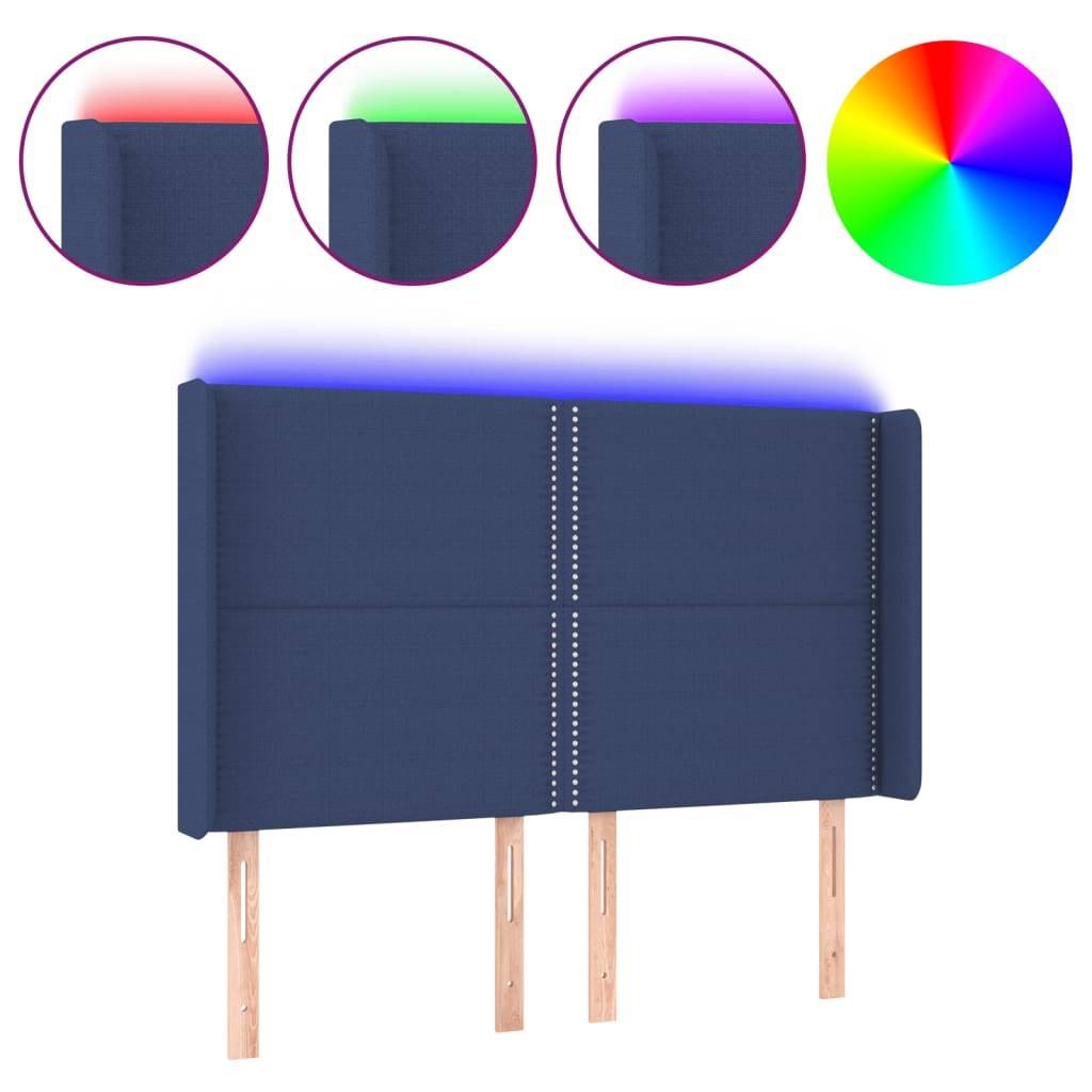 vidaXL Čelo postele s LED modré 147 x 16 x 118/128 cm textil