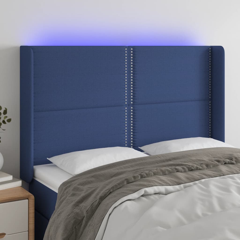 Čelo postele s LED modré 147 x 16 x 118/128 cm textil