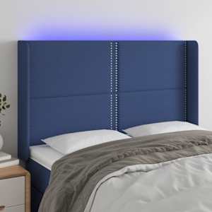Čelo postele s LED modré 147 x 16 x 118/128 cm textil - obrázek 1