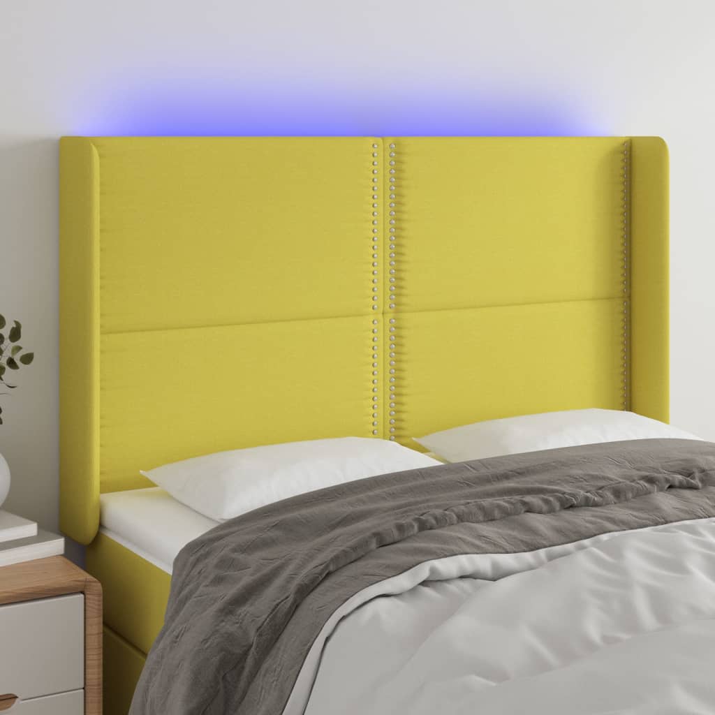 Čelo postele s LED zelené 147 x 16 x 118/128 cm textil