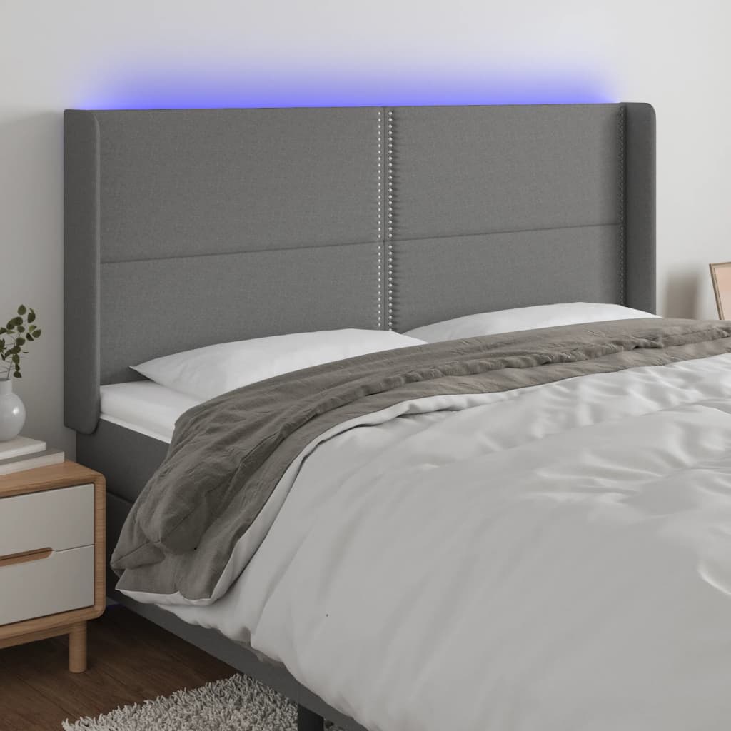 gultas galvgalis ar LED, 163x16x118/128 cm, tumši pelēks audums | Stepinfit.lv