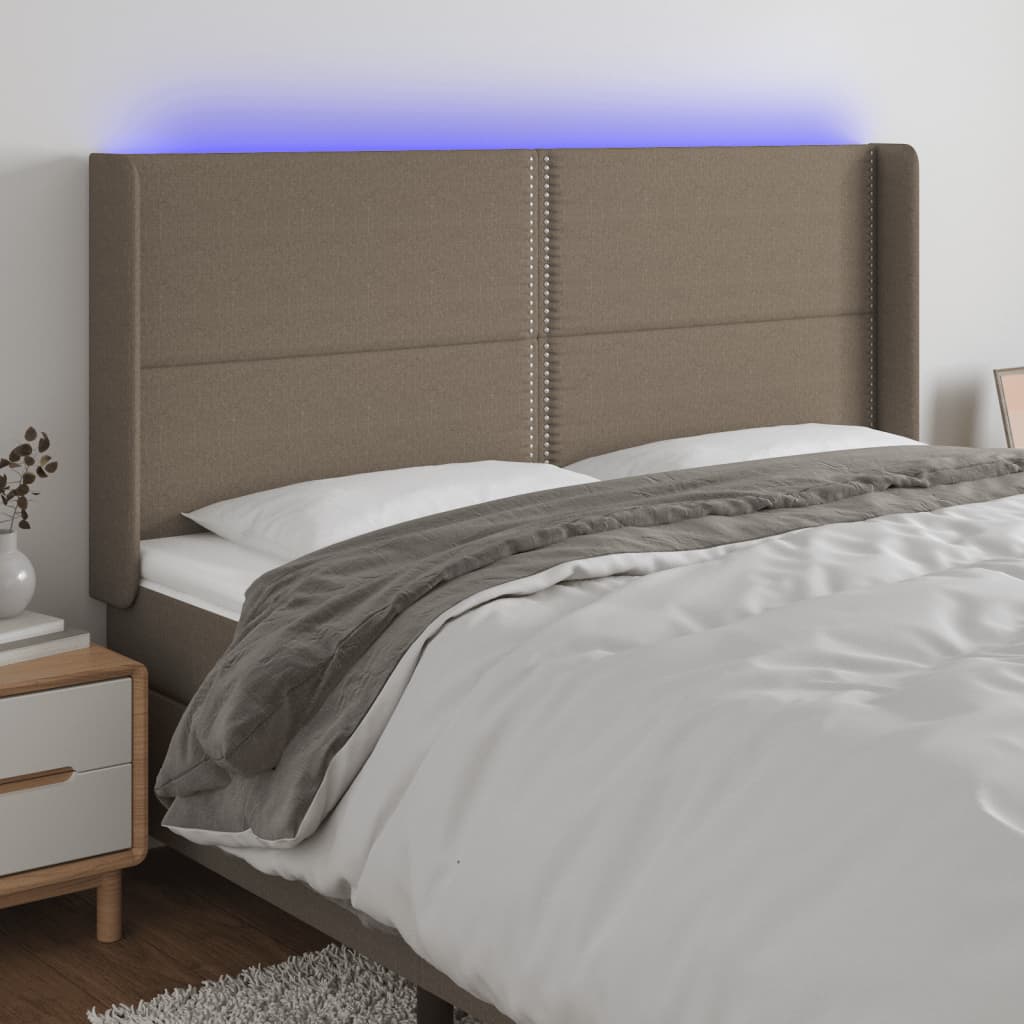 gultas galvgalis ar LED, 163x16x118/128 cm, pelēkbrūns audums | Stepinfit.lv