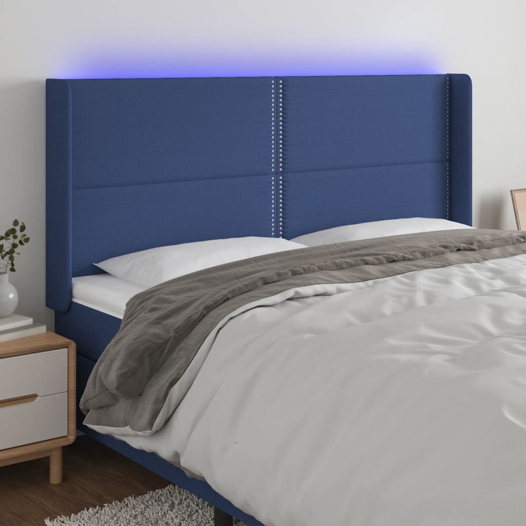 vidaXL Tăblie de pat cu LED, albastru, 163x16x118/128 cm, textil vidaXL imagine 2022