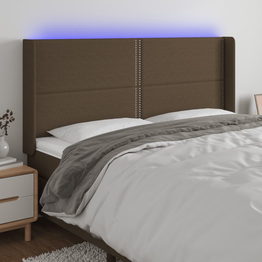 Čelo postele s LED tmavě hnědé 183 x 16 x 118/128 cm textil