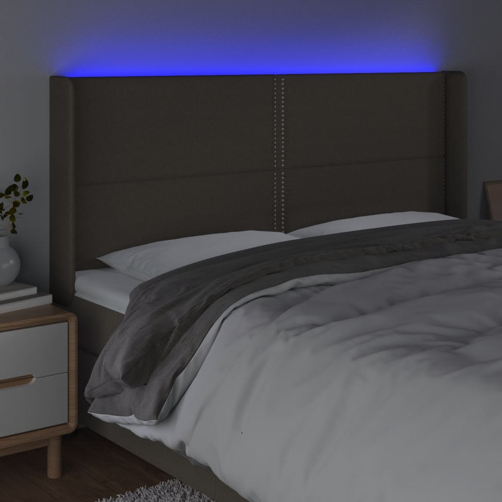 gultas galvgalis ar LED, 203x16x118/128 cm, pelēkbrūns audums | Stepinfit.lv