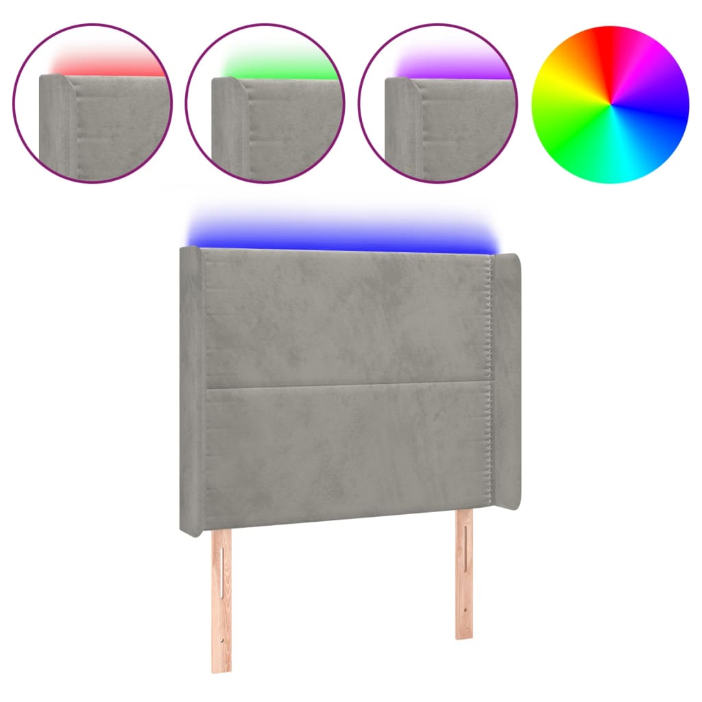 vidaXL Čelo postele s LED světle šedé 83 x 16 x 118/128 cm samet