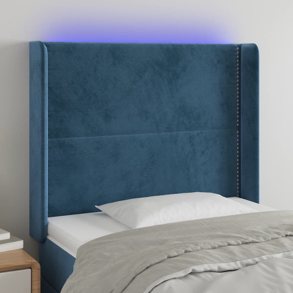 vidaXL Tăblie de pat cu LED, albastru închis, 83x16x118/128cm, catifea
