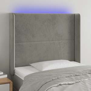 Čelo postele s LED světle šedé 103 x 16 x 118/128 cm samet - obrázek 1