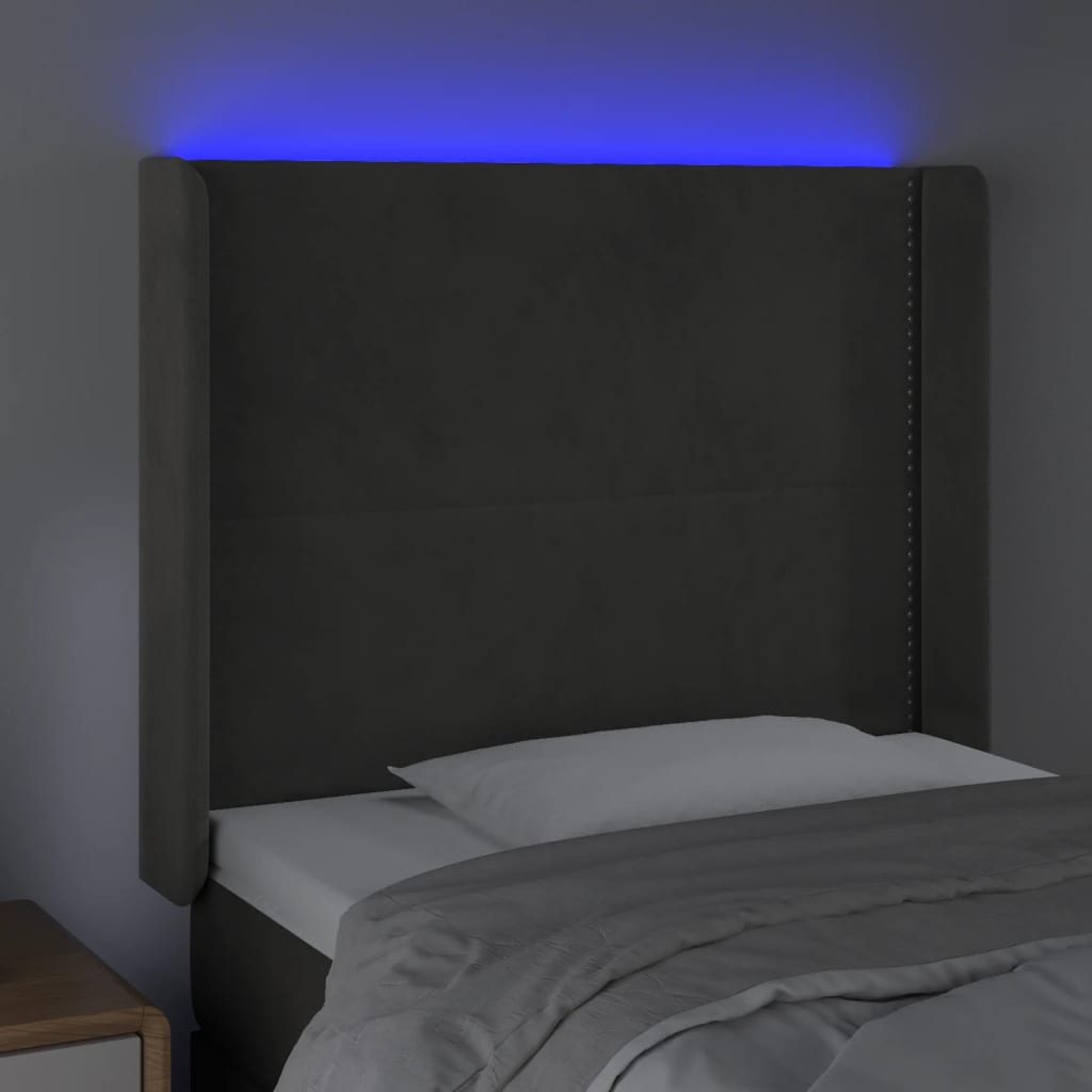 sötétszürke bársony LED-es fejtámla 103x16x118/128 cm