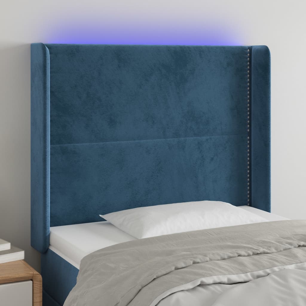 vidaXL sengegavl med LED-lys 103x16x118/128 cm fløjl mørkeblå