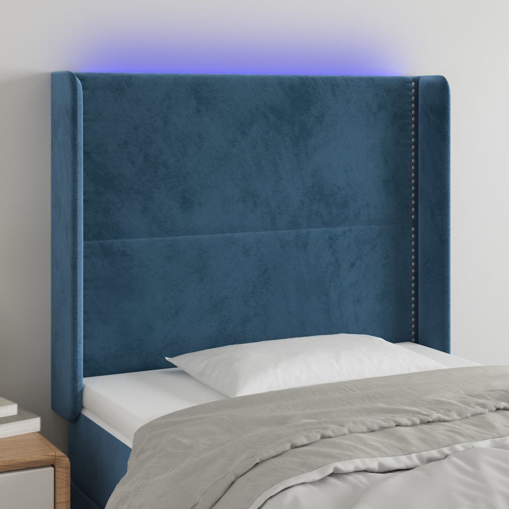 vidaXL Tăblie de pat cu LED, albastru închis, 103x16x118/128cm catifea