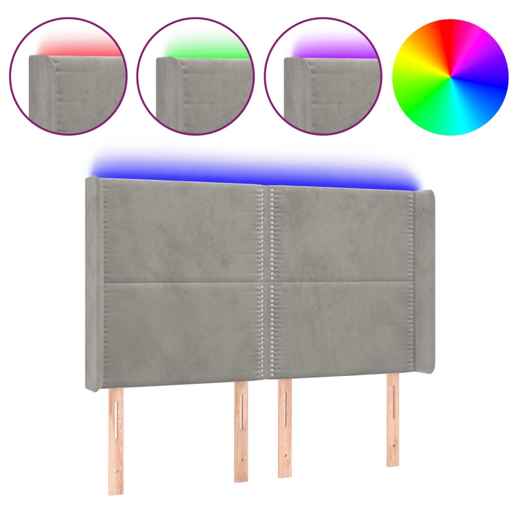 vidaXL Čelo postele s LED světle šedé 147x16x118/128 cm samet