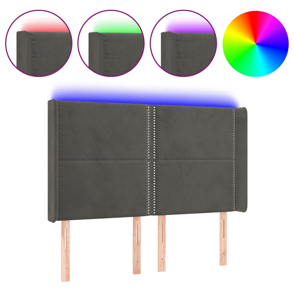 vidaXL Čelo postele s LED tmavě šedé 147 x 16 x 118/128 cm samet