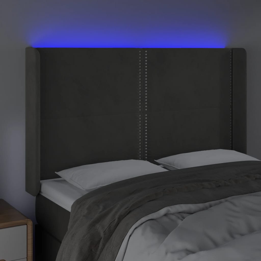 gultas galvgalis ar LED, 147x16x118/128 cm, tumši pelēks samts | Stepinfit.lv