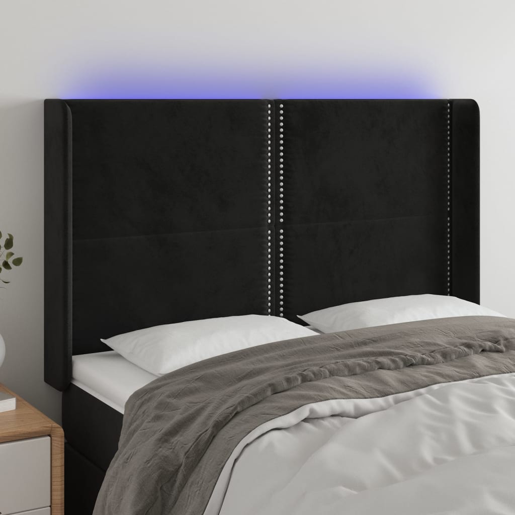 Čelo postele s LED černé 147 x 16 x 118/128 cm samet