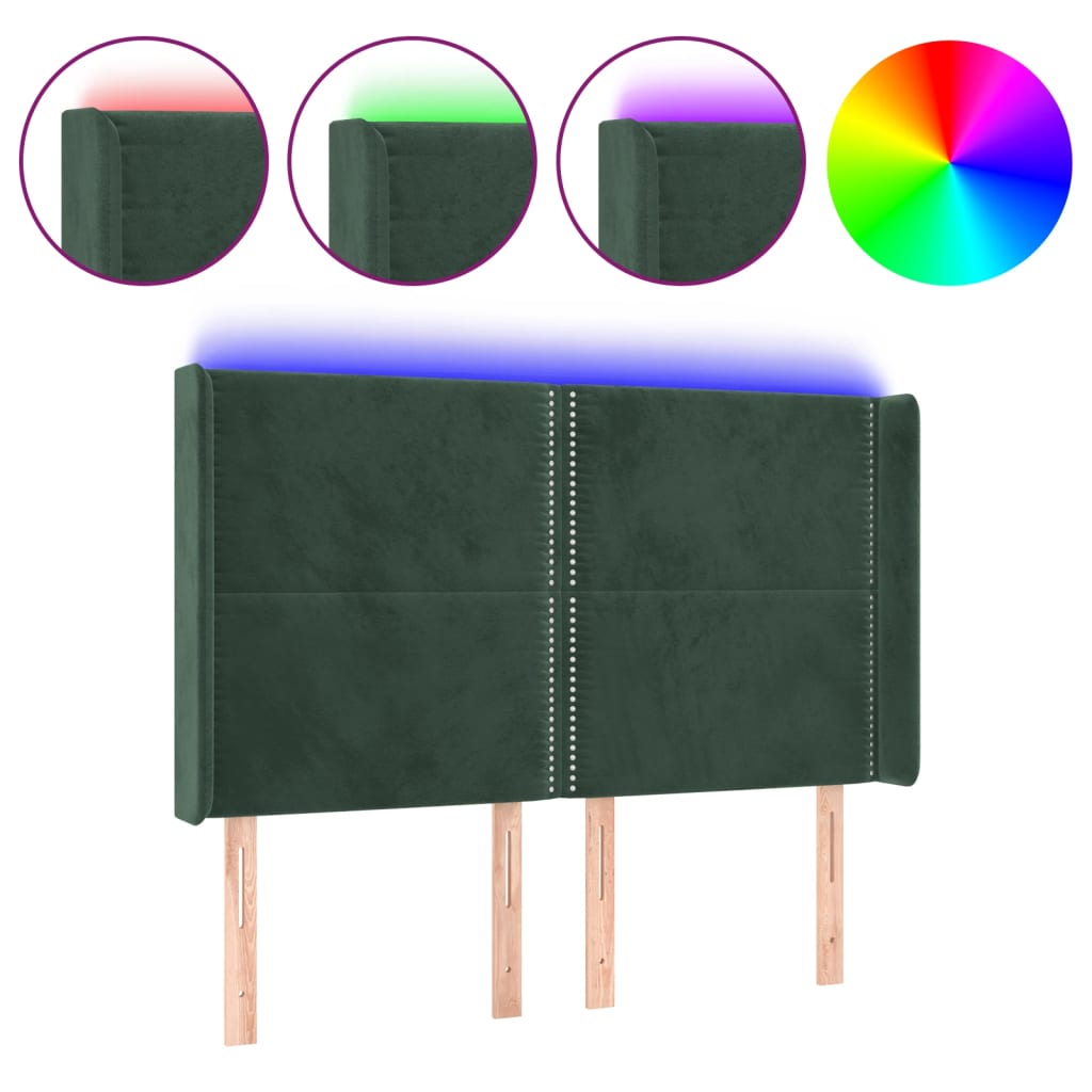 vidaXL Čelo postele s LED tmavě zelené 147 x 16 x 118/128 cm samet