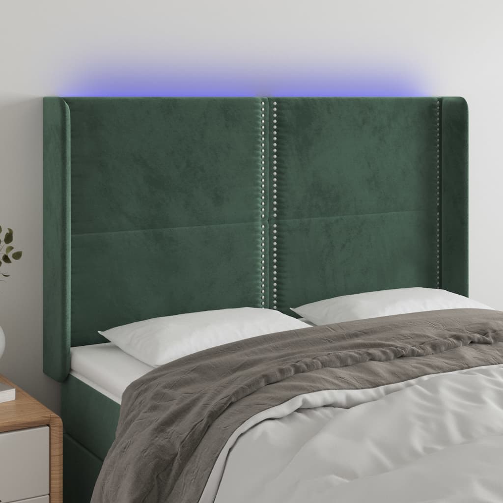 gultas galvgalis ar LED, 147x16x118/128 cm, tumši zaļš samts | Stepinfit.lv