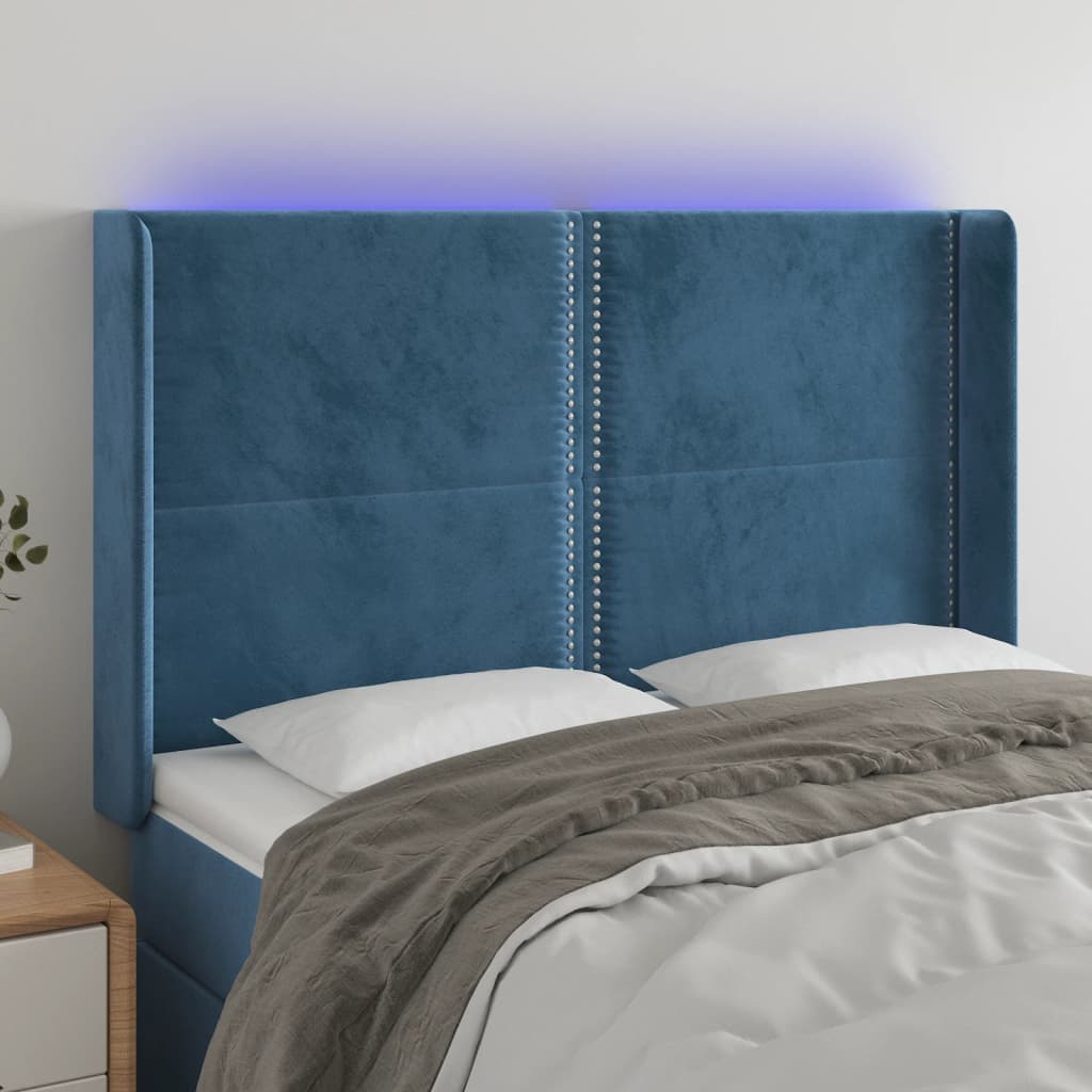 vidaXL Tăblie de pat cu LED, albastru închis, 147x16x118/128cm catifea